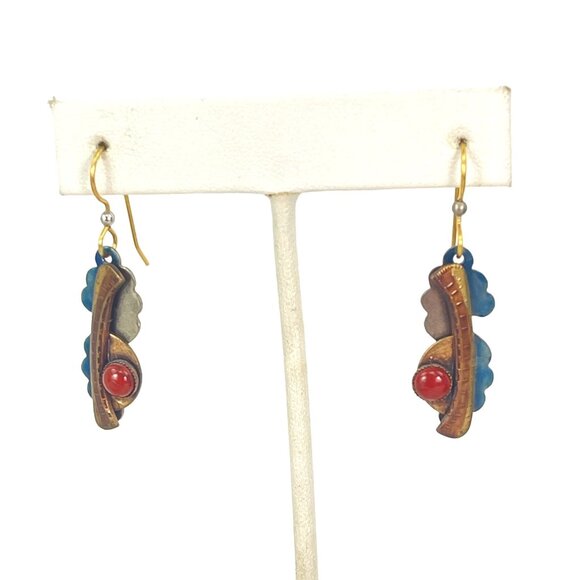Brass Red Jasper Vintage Boho Dangly Earrings Blue Enamel Hand Made - Picture 8 of 8